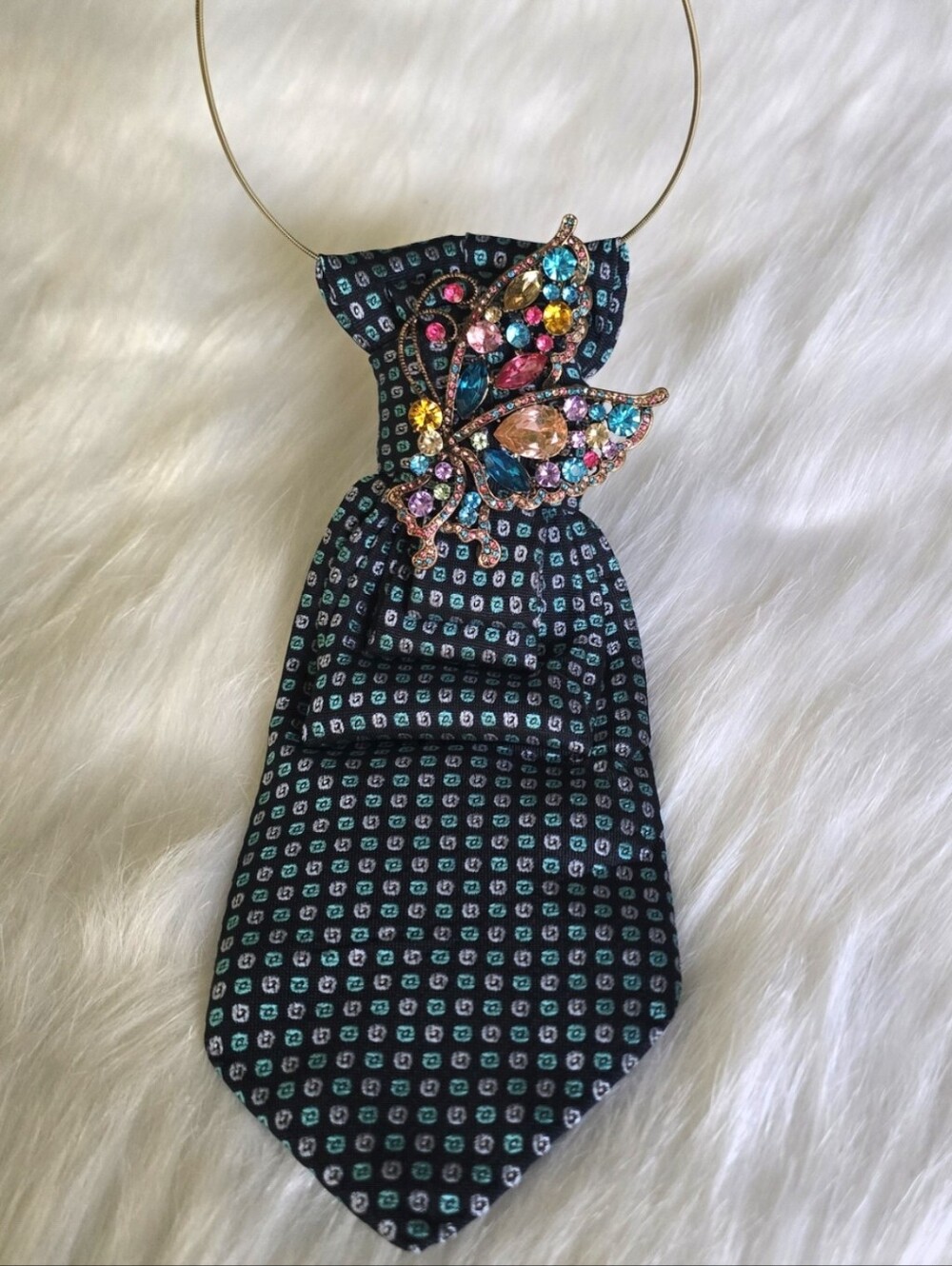 Embellished Jewel Butterfly Neck Tie Necklace - Navy with Teal Accents
